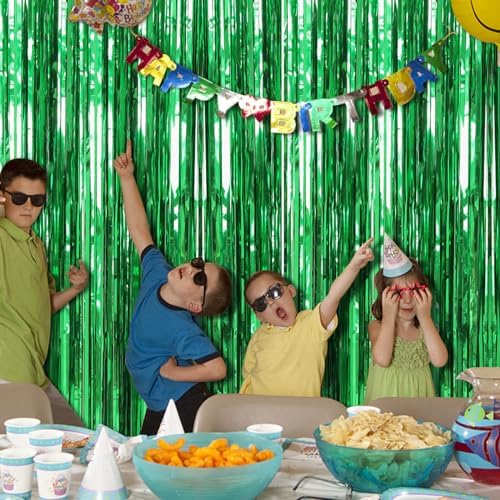 2 Pack Green Streamers Backdrop Jungle Party Decorations Foil Fringe Backdrop Curtains Photo Booth Backdrop for, alternate