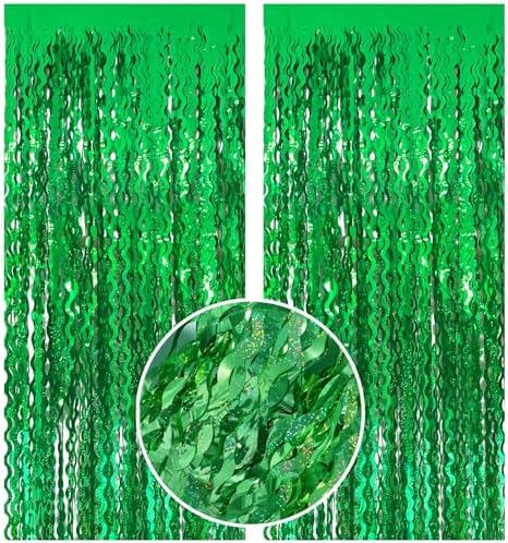 2 Pack Green Tinsel Foil Curtain Wavy Backdrop Birthday Party Decorations