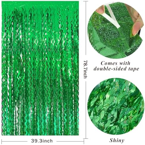 2 Pack Green Tinsel Foil Curtain Wavy Backdrop Birthday Party Decorations, alternate view 3
