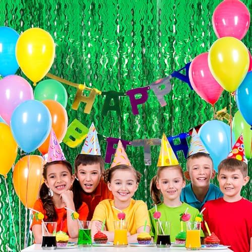2 Pack Green Tinsel Foil Curtain Wavy Backdrop Birthday Party Decorations, alternate view 4