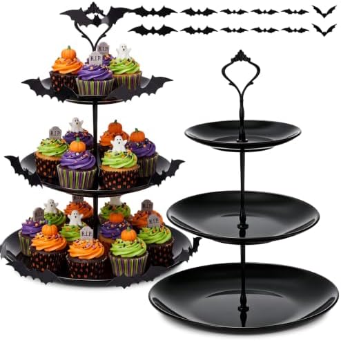 2 Pack Halloween Black Cupcake Stand 3 Tiered and 12 Bat Stickers in black