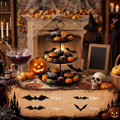 2 Pack Halloween Black Cupcake Stand 3 Tiered and 12 Bat Stickers in black, alternate view 2