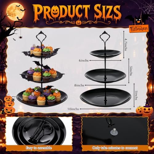 2 Pack Halloween Black Cupcake Stand 3 Tiered and 12 Bat Stickers in black, alternate view 3