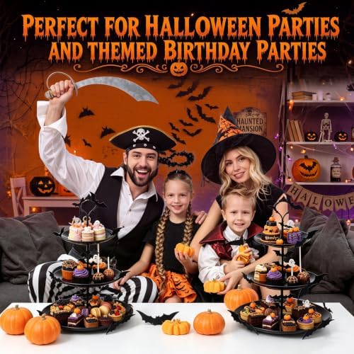 2 Pack Halloween Black Cupcake Stand 3 Tiered and 12 Bat Stickers in black, alternate view 5