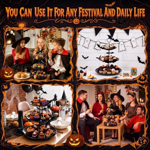2 Pack Halloween Black Cupcake Stand 3 Tiered and 12 Bat Stickers in black, alternate view 6