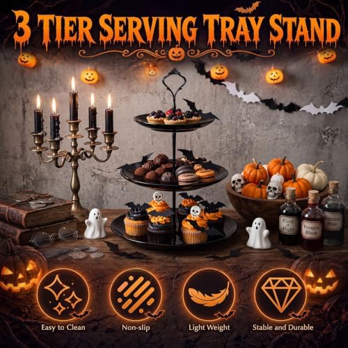 2 Pack Halloween Black Cupcake Stand 3 Tiered and 12 Bat Stickers in black, alternate view 7