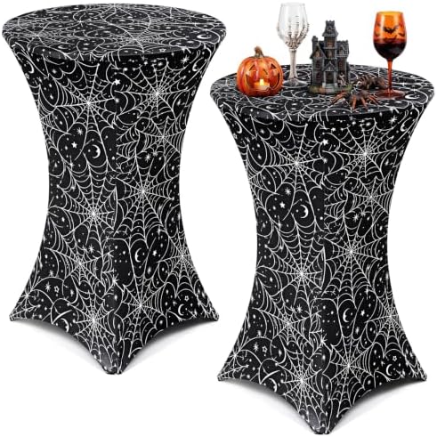 2 Pack Halloween Cocktail Tablecloth, Round High Top Table Covers in Black, White
