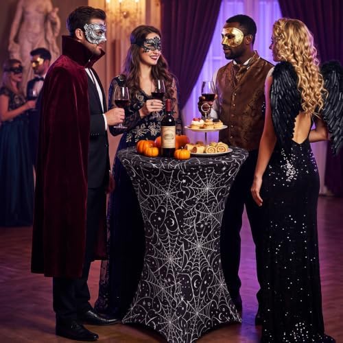 2 Pack Halloween Cocktail Tablecloth, Round High Top Table Covers in Black, White, alternate view 2