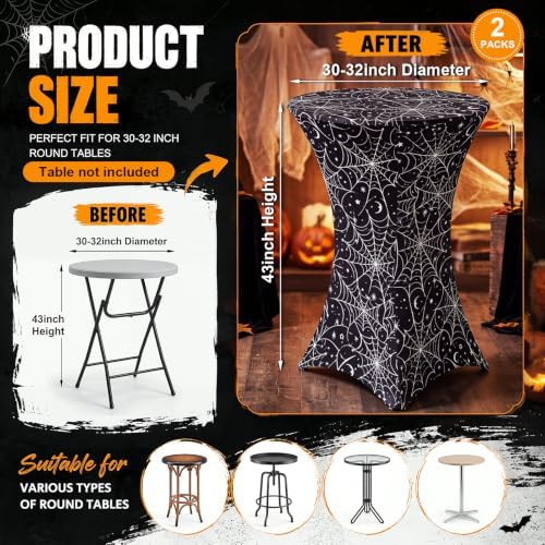 2 Pack Halloween Cocktail Tablecloth, Round High Top Table Covers in Black, White, alternate view 3