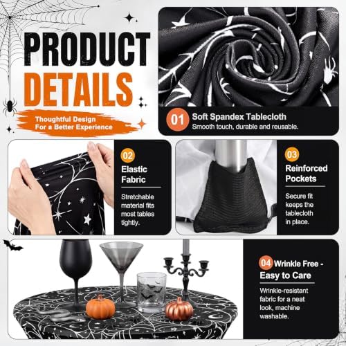 2 Pack Halloween Cocktail Tablecloth, Round High Top Table Covers in Black, White, alternate view 4
