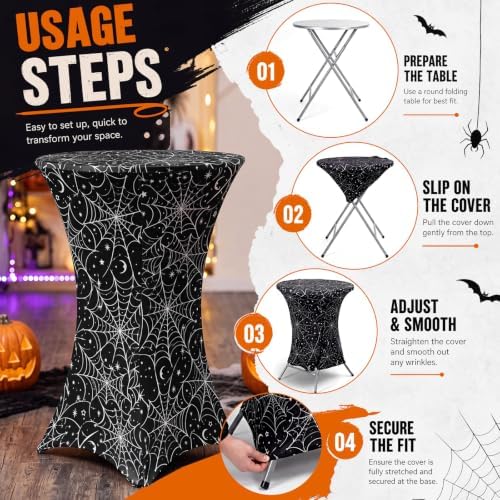 2 Pack Halloween Cocktail Tablecloth, Round High Top Table Covers in Black, White, alternate view 5