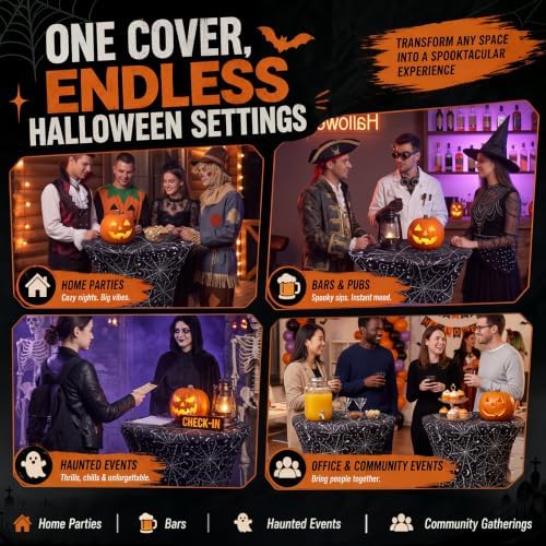 2 Pack Halloween Cocktail Tablecloth, Round High Top Table Covers in Black, White, alternate view 6