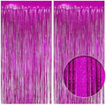 2 Pack Holographic Fuchsia Fringe Backdrop, 3.2x8.2ft Shining Foil Tinsel Curtains, Birthday Party Decorations