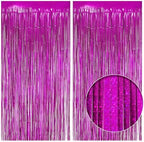 2 Pack Holographic Fuchsia Fringe Backdrop, 3.2x8.2ft Shining Foil Tinsel Curtains, Birthday Party Decorations