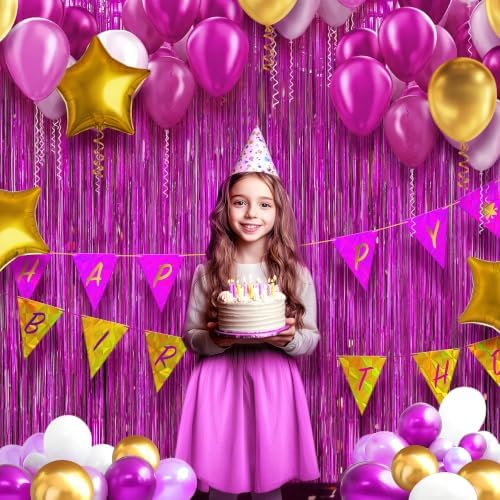 2 Pack Holographic Fuchsia Fringe Backdrop, 3.2x8.2ft Shining Foil Tinsel Curtains, Birthday Party Decorations, alternate