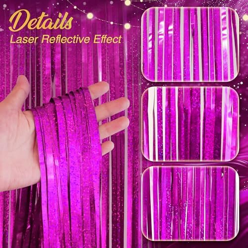 2 Pack Holographic Fuchsia Fringe Backdrop, 3.2x8.2ft Shining Foil Tinsel Curtains, Birthday Party Decorations, alternate