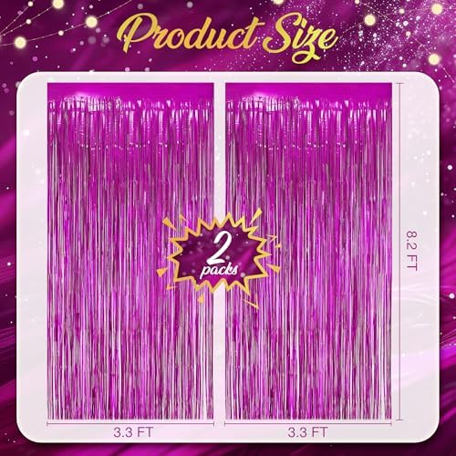 2 Pack Holographic Fuchsia Fringe Backdrop, 3.2x8.2ft Shining Foil Tinsel Curtains, Birthday Party Decorations, alternate