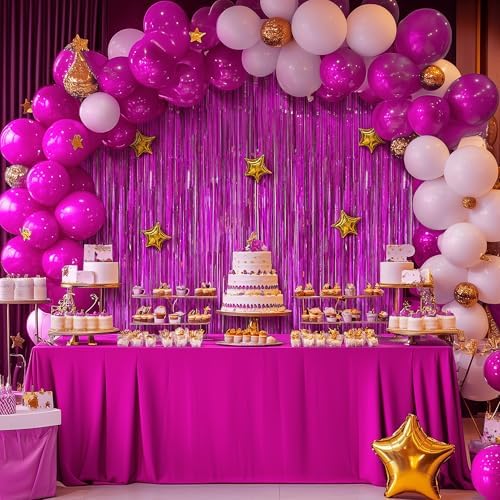2 Pack Holographic Fuchsia Fringe Backdrop, 3.2x8.2ft Shining Foil Tinsel Curtains, Birthday Party Decorations, alternate