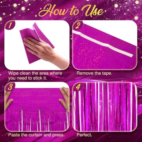 2 Pack Holographic Fuchsia Fringe Backdrop, 3.2x8.2ft Shining Foil Tinsel Curtains, Birthday Party Decorations, alternate