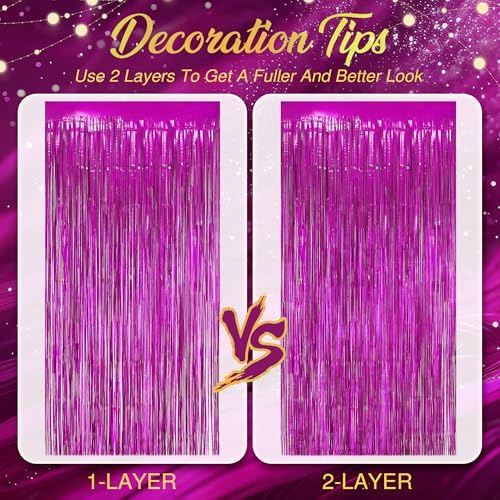 2 Pack Holographic Fuchsia Fringe Backdrop, 3.2x8.2ft Shining Foil Tinsel Curtains, Birthday Party Decorations, alternate