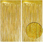 2 Pack Holographic Gold Fringe Backdrop, 3.2x8.2ft Shining Foil Tinsel Curtains, Birthday Party Decorations Door