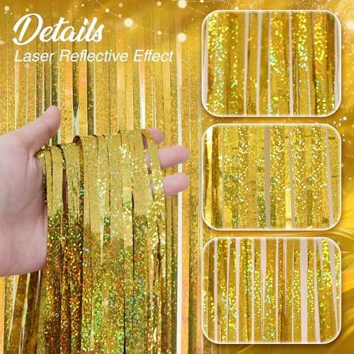 2 Pack Holographic Gold Fringe Backdrop, 3.2x8.2ft Shining Foil Tinsel Curtains, Birthday Party Decorations Door, alternate