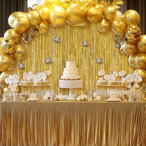 2 Pack Holographic Gold Fringe Backdrop, 3.2x8.2ft Shining Foil Tinsel Curtains, Birthday Party Decorations Door, alternate