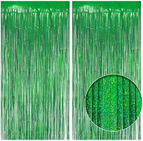 2 Pack Holographic Green Fringe Backdrop, 3.2x8.2ft Shining Foil Tinsel Curtains, Birthday Party Decorations