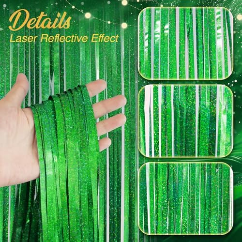 2 Pack Holographic Green Fringe Backdrop, 3.2x8.2ft Shining Foil Tinsel Curtains, Birthday Party Decorations, alternate view
