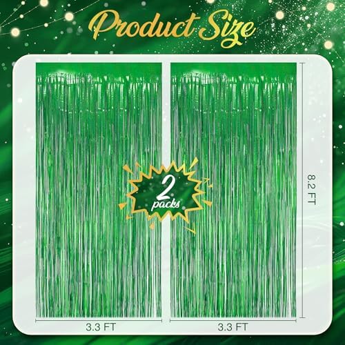 2 Pack Holographic Green Fringe Backdrop, 3.2x8.2ft Shining Foil Tinsel Curtains, Birthday Party Decorations, alternate view