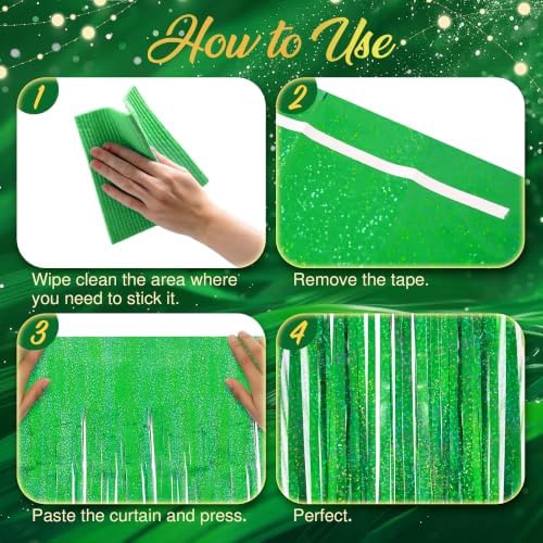 2 Pack Holographic Green Fringe Backdrop, 3.2x8.2ft Shining Foil Tinsel Curtains, Birthday Party Decorations, alternate view