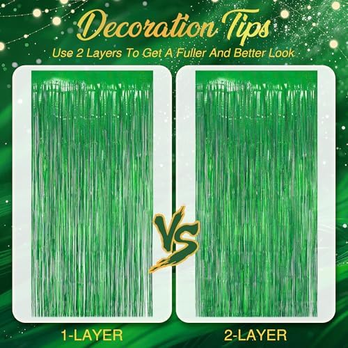 2 Pack Holographic Green Fringe Backdrop, 3.2x8.2ft Shining Foil Tinsel Curtains, Birthday Party Decorations, alternate view