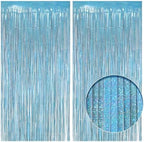 2 Pack Holographic Light Blue Fringe Backdrop, 3.2x8.2ft Shining Foil Tinsel Curtains, Birthday Party