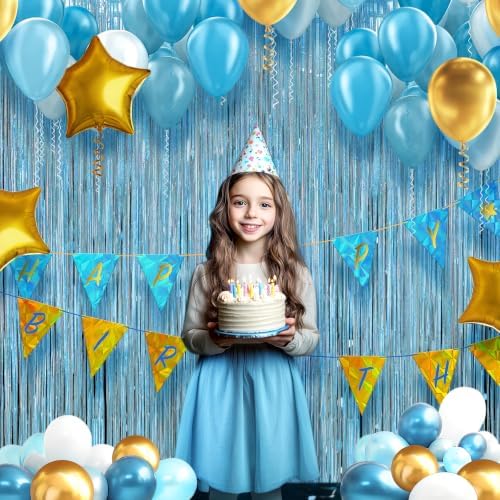 2 Pack Holographic Light Blue Fringe Backdrop, 3.2x8.2ft Shining Foil Tinsel Curtains, Birthday Party, alternate view 2