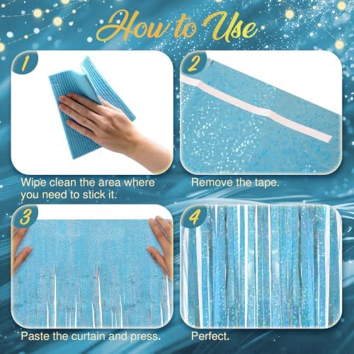 2 Pack Holographic Light Blue Fringe Backdrop, 3.2x8.2ft Shining Foil Tinsel Curtains, Birthday Party, alternate view 6