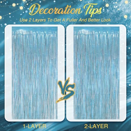 2 Pack Holographic Light Blue Fringe Backdrop, 3.2x8.2ft Shining Foil Tinsel Curtains, Birthday Party, alternate view 7