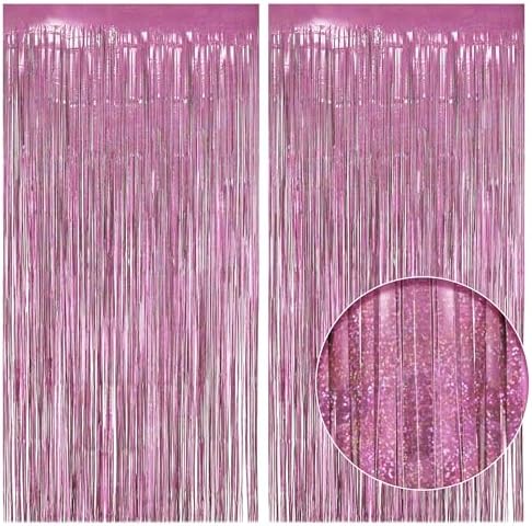 2 Pack Holographic Pink Fringe Backdrop, 3.2x8.2ft Shining Foil Tinsel Curtains, Birthday Party Decorations Door