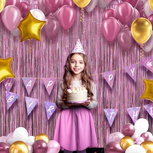 2 Pack Holographic Pink Fringe Backdrop, 3.2x8.2ft Shining Foil Tinsel Curtains, Birthday Party Decorations Door, alternate