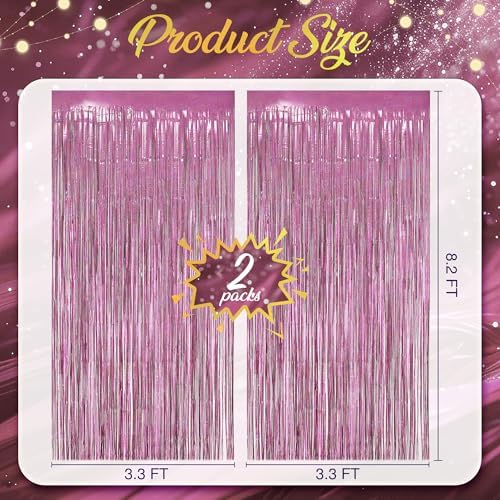 2 Pack Holographic Pink Fringe Backdrop, 3.2x8.2ft Shining Foil Tinsel Curtains, Birthday Party Decorations Door, alternate