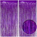2 Pack Holographic Purple Fringe Backdrop, 3.2x8.2ft Shining Foil Tinsel Curtains, Birthday Party Decorations
