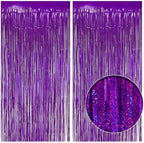 2 Pack Holographic Purple Fringe Backdrop, 3.2x8.2ft Shining Foil Tinsel Curtains, Birthday Party Decorations