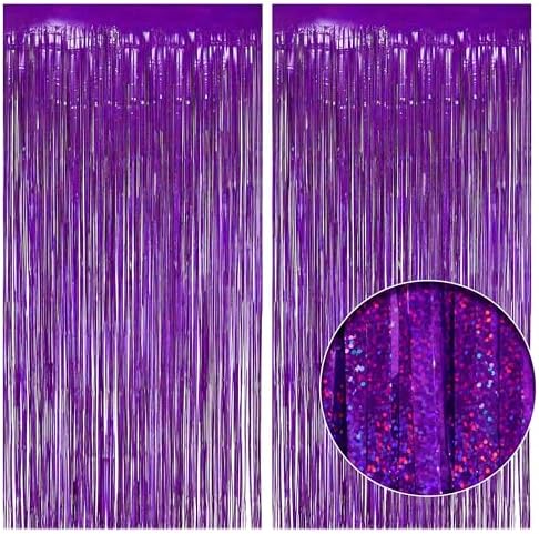 2 Pack Holographic Purple Fringe Backdrop, 3.2x8.2ft Shining Foil Tinsel Curtains, Birthday Party Decorations
