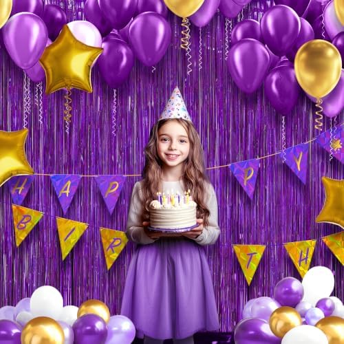 2 Pack Holographic Purple Fringe Backdrop, 3.2x8.2ft Shining Foil Tinsel Curtains, Birthday Party Decorations, alternate view