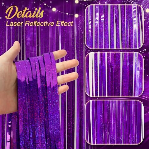 2 Pack Holographic Purple Fringe Backdrop, 3.2x8.2ft Shining Foil Tinsel Curtains, Birthday Party Decorations, alternate view