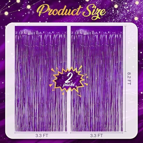 2 Pack Holographic Purple Fringe Backdrop, 3.2x8.2ft Shining Foil Tinsel Curtains, Birthday Party Decorations, alternate view