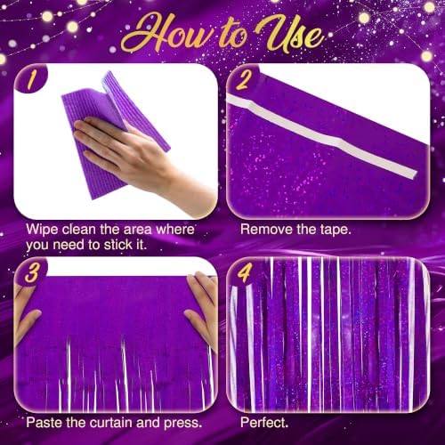 2 Pack Holographic Purple Fringe Backdrop, 3.2x8.2ft Shining Foil Tinsel Curtains, Birthday Party Decorations, alternate view
