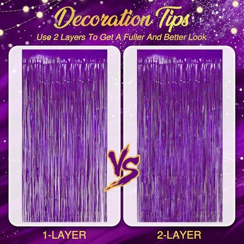 2 Pack Holographic Purple Fringe Backdrop, 3.2x8.2ft Shining Foil Tinsel Curtains, Birthday Party Decorations, alternate view