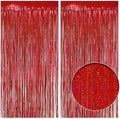 2 Pack Holographic Red Fringe Backdrop, 3.2x8.2ft Shining Foil Tinsel Curtains, Birthday Party Decorations Door