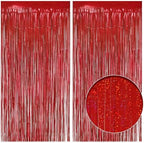 2 Pack Holographic Red Fringe Backdrop, 3.2x8.2ft Shining Foil Tinsel Curtains, Birthday Party Decorations Door