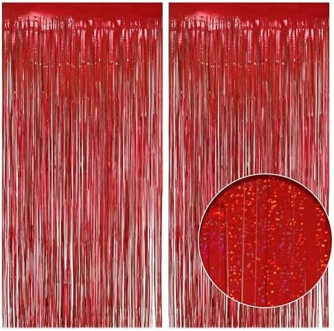 2 Pack Holographic Red Fringe Backdrop, 3.2x8.2ft Shining Foil Tinsel Curtains, Birthday Party Decorations Door